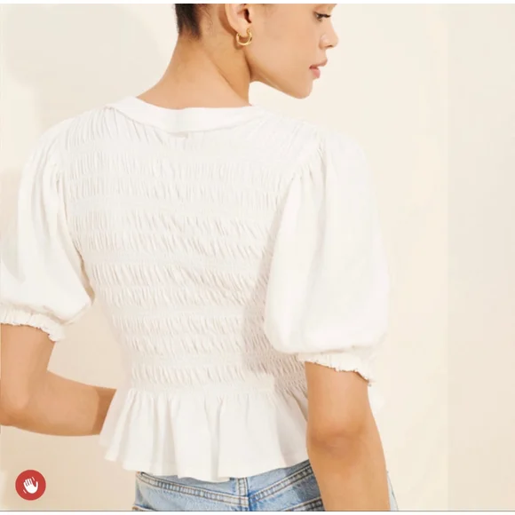 Free People Maxey Knit Smocked Peplum Top Cream Puff Sleeve Size XL Cottagecore - Picture 2 of 7